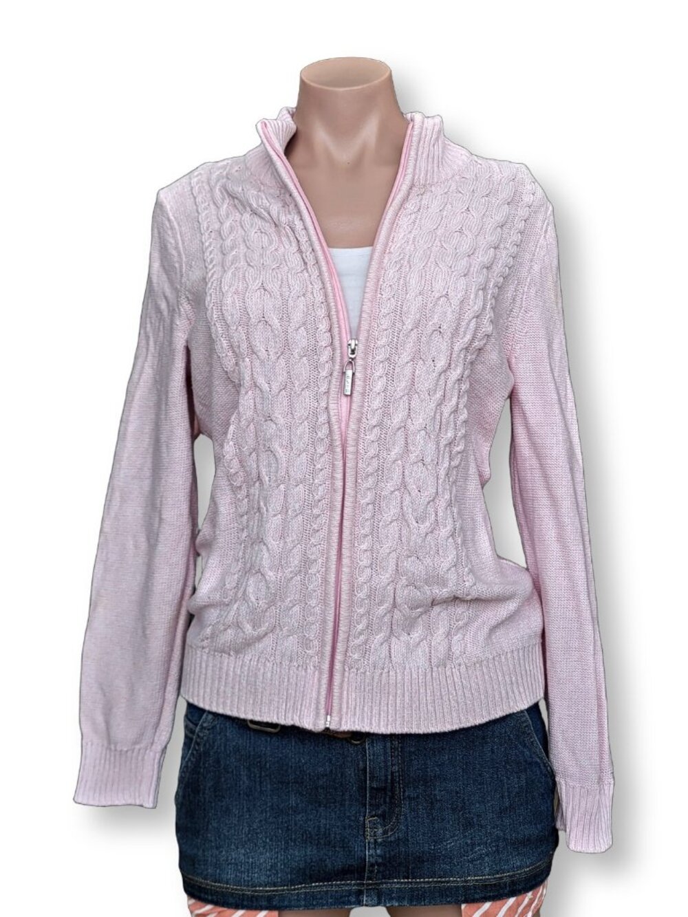 ALA Pink Preppy Cable Knit Zip Up Cardigan Sweater Y2K Top (OS)
